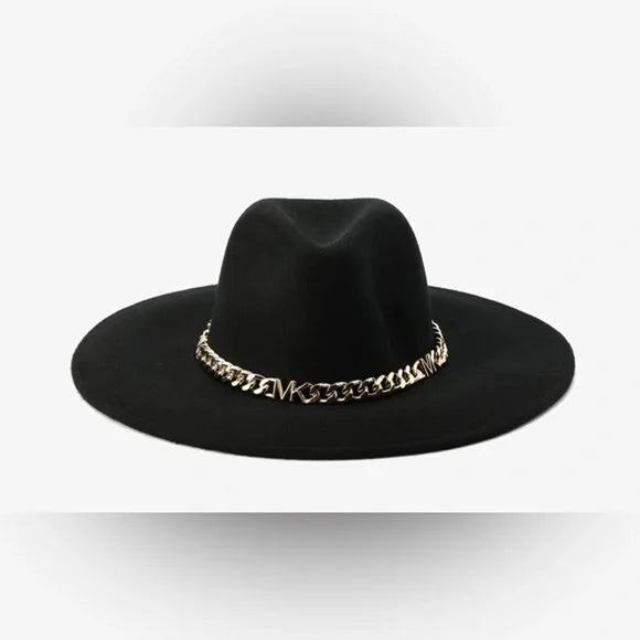 $148 Michael Kors Women's Felted Wool Fedora With Black Gold M/L - Picture 1 of 6